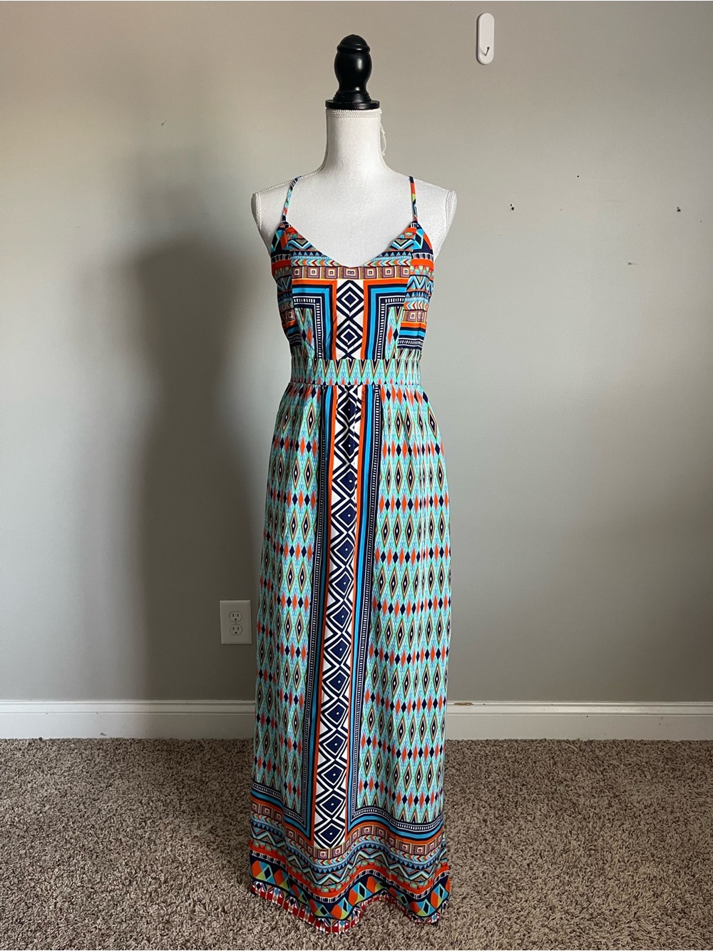 MYAN | Coloful Geo-Print Spaghetti-Strap Maxi Dress Sz